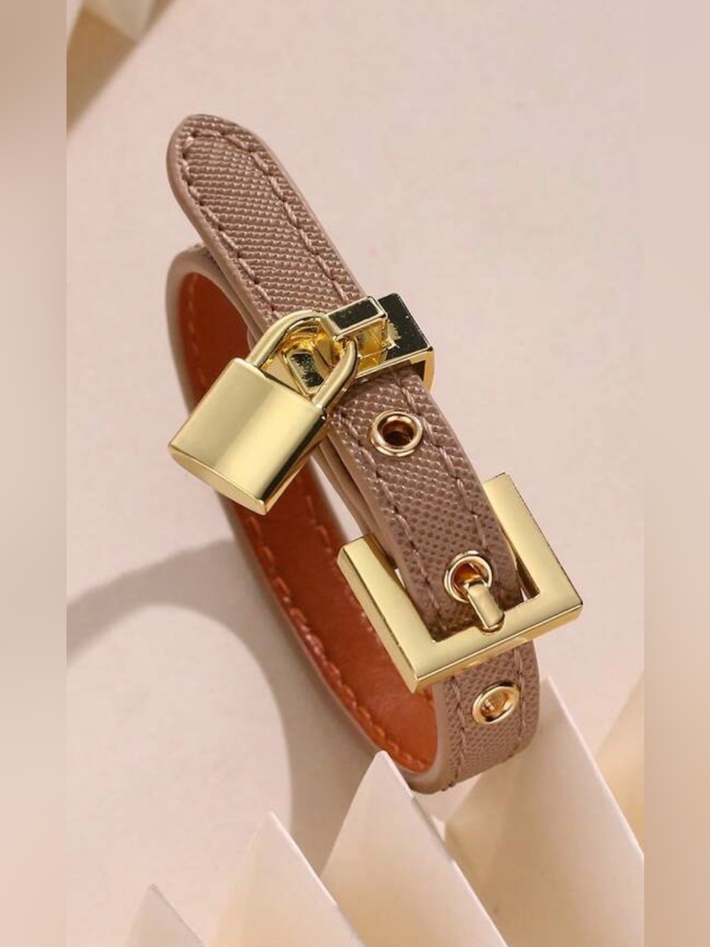 Western Buckle Bracelet PU Leather Padlock Bracelet in Taupe with Gold Hardware